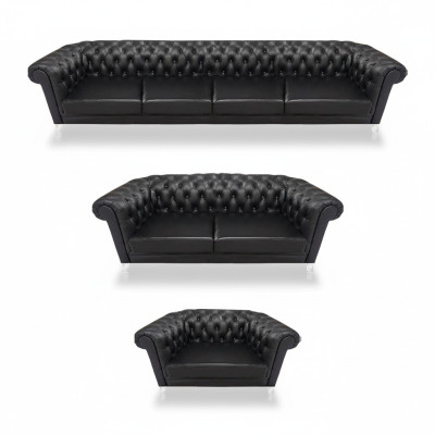 Schwarze Chesterfield Ledergarnitur Designer 4-Sitzer Zweisitzer Sessel