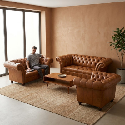 Moderne Chesterfield Ledersofas Designer Lehnsessel Zweisitzer 3tlg Set
