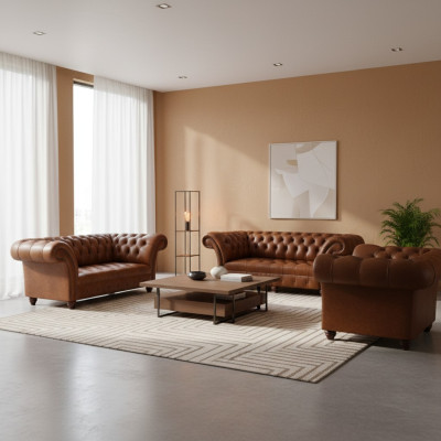Moderne Chesterfield Ledersofas Designer Lehnsessel Zweisitzer 3tlg Set