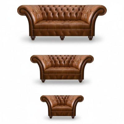 Moderne Chesterfield Ledersofas Designer Lehnsessel Zweisitzer 3tlg Set