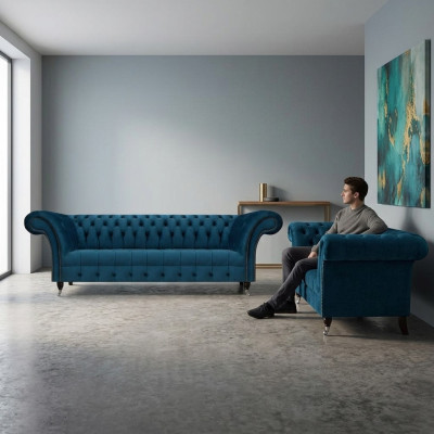 Luxuriöse Blaue Chesterfield Textilgarnitur 3-Sitzer Sofa Zweisitzer