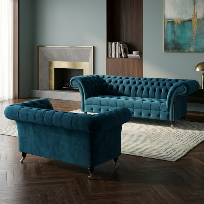 Luxuriöse Blaue Chesterfield Textilgarnitur 3-Sitzer Sofa Zweisitzer