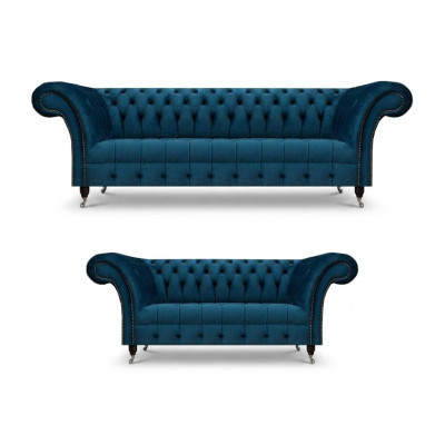 Luxuriöse Blaue Chesterfield Textilgarnitur 3-Sitzer Sofa Zweisitzer