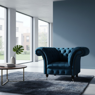 Moderner Blauer Chesterfield Sessel Designer Sitzmöbel Wohnzimmer Sitzer