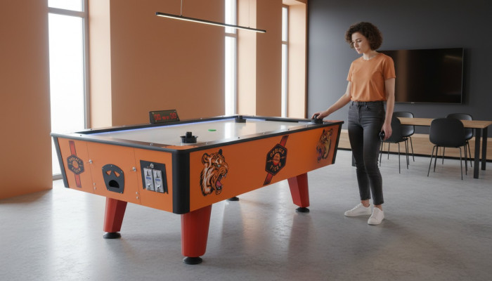 Moderen oranžen plastičen in kovinski miza za zračni hokej