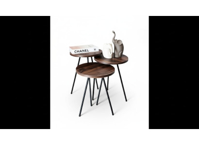  Rundes 3x Couchtische Set braunes Holz Metallbeine Beistelltisch