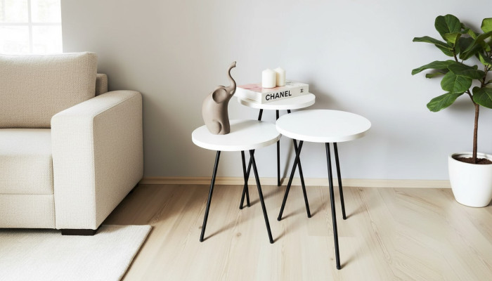 Wohnzimmer Couchtisch Beistelltisch Set 3x Modern Weiß MDF Metallbeine