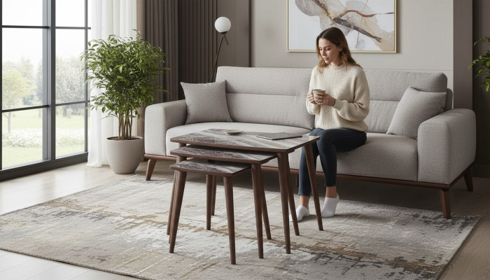  Modernes Wohnzimmer 3x Couchtisch-Set rechteckig beige Beistelltisch