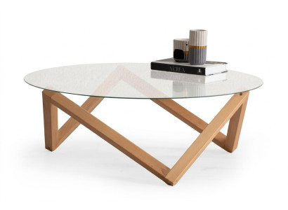  Couchtisch im modernen Stil runde Glastischplatte Wohnzimmer Holzbeine