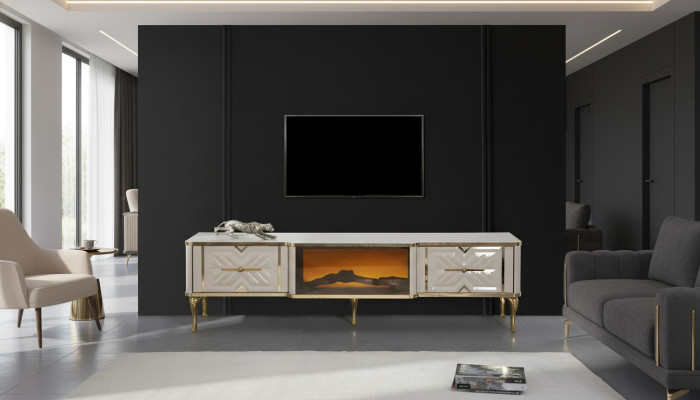 Wohnzimmer Sideboard weiß + gold Kamin Luxus RTV Lowboard Exclusive