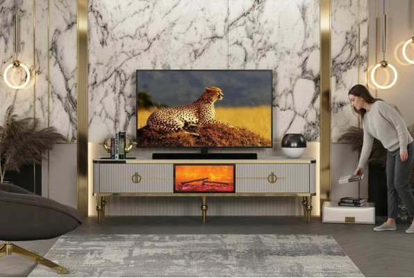  Wohnzimmer TV Lowboard hochwertige Materialien MDF Metall weiß + gold