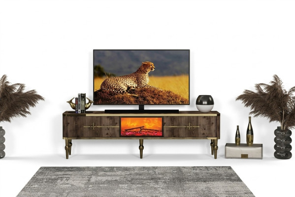  TV-Sideboard Wohnzimmer Luxuriöses dunkelbraunes MDF + Metall gold neu