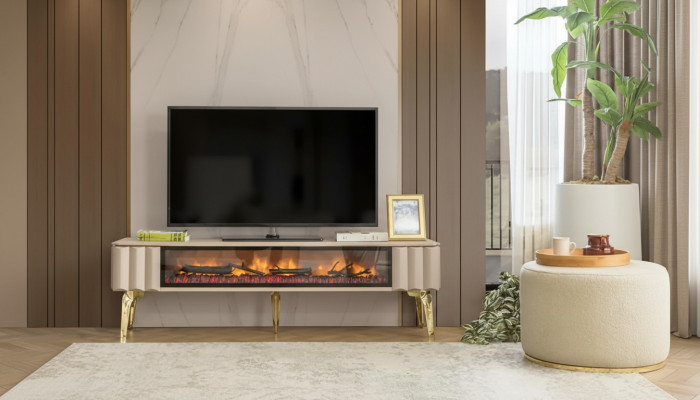  Sideboard RTV Wohnzimmer Luxusmöbel Kamin Beige MDF Metall Lowboard