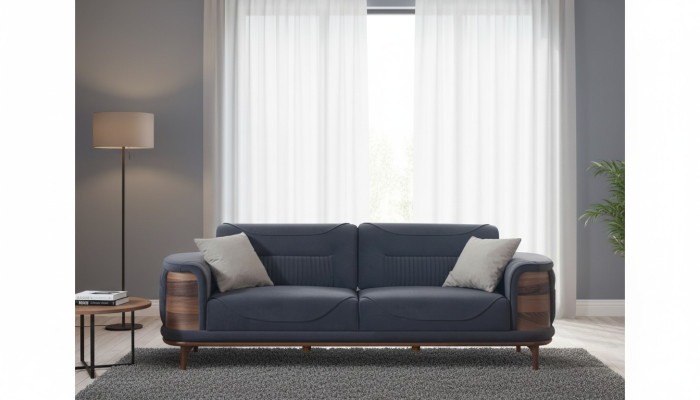 Zwei dunkelgraue Sofas im modernen Stil mit Holzbeinen für ein Wohnzimmer