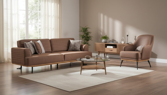 Luxus Sofagarnitur: Braun Dreisitzer-Sofa und Sessel für Wohnzimmer