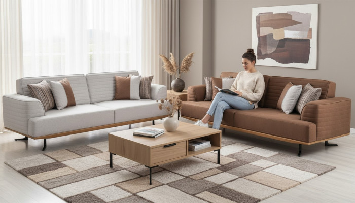 Modernes Dreisitzer-Sofagarnitur in Braun und Grau Farbe für Wohnzimmer