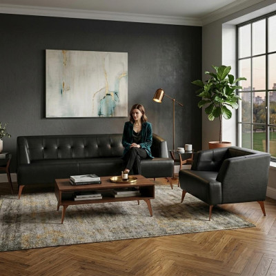 Schwarze Wohnzimmer Sitzgarnitur Edler Dreisitzer Cocktailsessel 2tlg