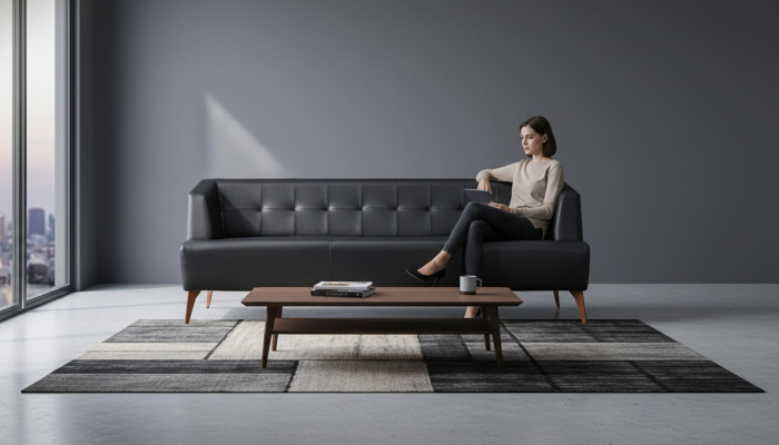 Stilvoller Schwarzer Dreisitzer Modernes Ledersofa Wohnzimmer Schlafsofa