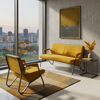 Luxuriöses Gelbes Wohnzimmer Sitzset Designer 3-Sitzer Lehnsessel 2tlg