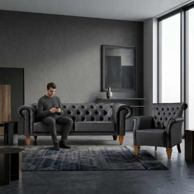 Schwarze Chesterfield Sitzgarnitur Ledersofa Moderner Einsitzer 2tlg Set
