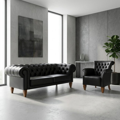 Schwarze Chesterfield Sitzgarnitur Ledersofa Moderner Einsitzer 2tlg Set