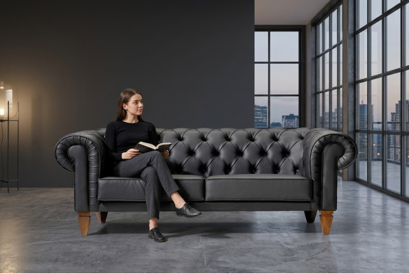 Stilvoller Chesterfield Schwarzer Dreisitzer Moderne Edle Polster Möbel