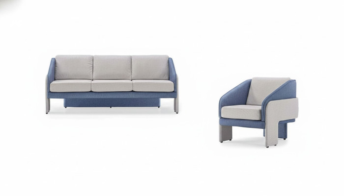 Grau-Blaue Wohnzimmer Designer Sitzmöbel 3-Sitzer Lehnsessel 2tlg Set