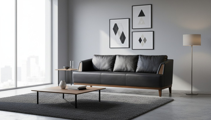 Schwarzer Designer Leder Dreisitzer Moderne Wohnzimmer Polster Couch