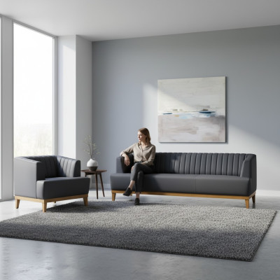 Grau-Braune Sofagarnitur Designer Polstersessel Edler Textil 3-Sitzer