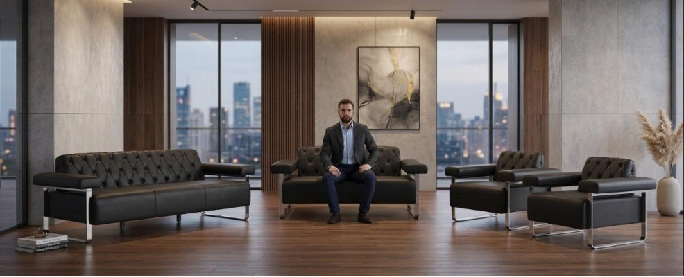 Schwarz Modern Stil Chestefield Design Büro 4tlg Set Sofagrnituren