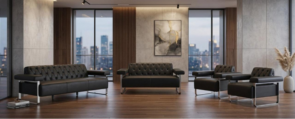 Schwarz Modern Stil Chestefield Design Büro 4tlg Set Sofagrnituren