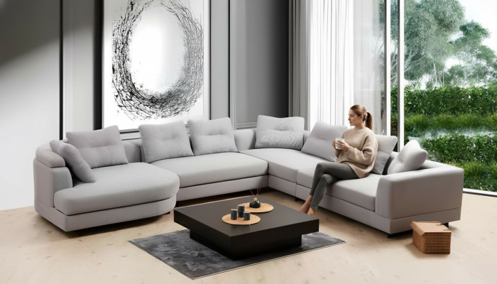 U-Form Wohnzimmer Ecksofa L-Form Modern Design Stil Textil Material Weiß