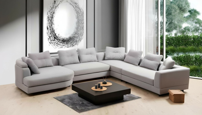 U-Form Wohnzimmer Ecksofa L-Form Modern Design Stil Textil Material Weiß