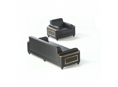 Arbeitszimmer 3-Sitzer Sofa mit Sessel Schwarz Einfarbig Stil Wohznimmer
