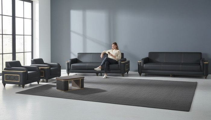 Schwarze Wohnzimmer Sitzgarnitur Designer Dreisitzer Sessel Couchtisch