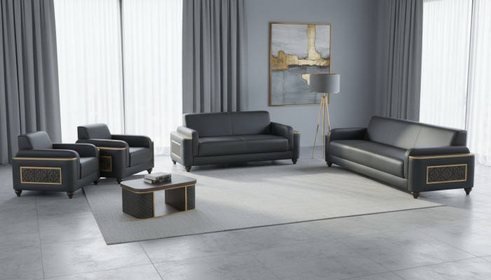 Schwarze Wohnzimmer Sitzgarnitur Designer Dreisitzer Sessel Couchtisch