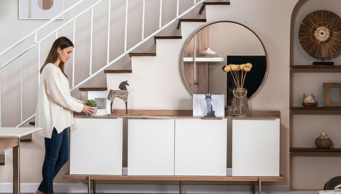 Stylish Weiß Braun Sideboard Rund Spiegel Designer Holzmöbel Esszimmer