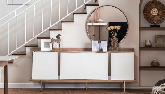 Stylish Weiß Braun Sideboard Rund Spiegel Designer Holzmöbel Esszimmer