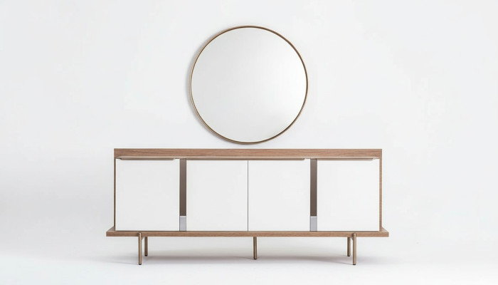 Stylish Weiß Braun Sideboard Rund Spiegel Designer Holzmöbel Esszimmer