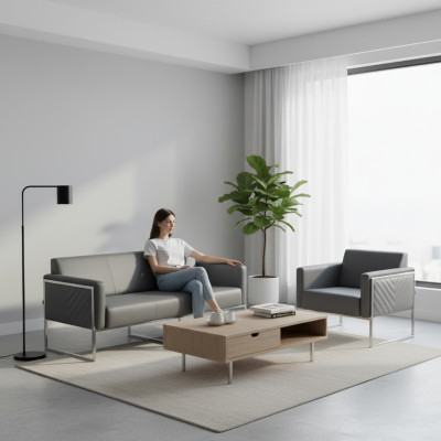 Arbeitszimmer Set 2tlg 3-Sitzer mit Sessel Grau Einfarbig Modern Design