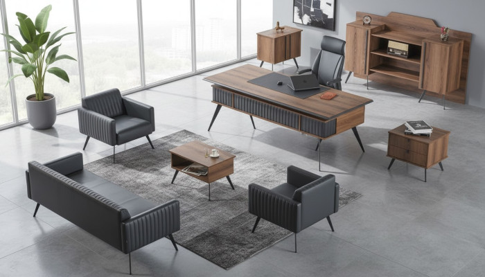 Grau-Braune Stilvolle Arbeitszimmer Sitzmöbel Ablagetisch Sideboard 7tlg