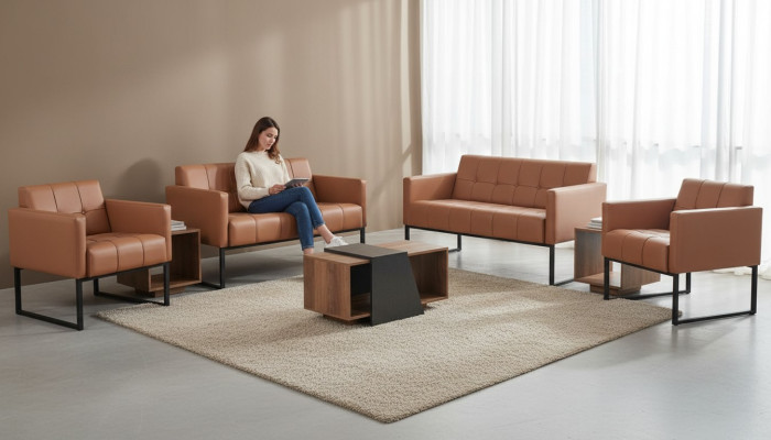 Arbeitszimmer-Set 5tlg Braun 2x 2-Sitzer 2x Sessel Couchtisch Grau Stil