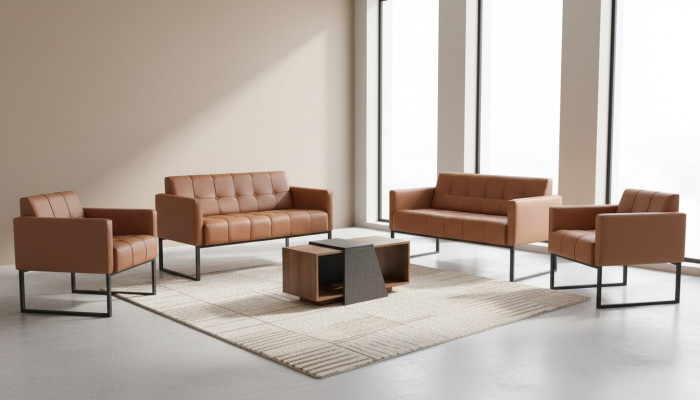 Arbeitszimmer-Set 5tlg Braun 2x 2-Sitzer 2x Sessel Couchtisch Grau Stil