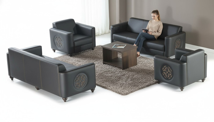 Arbeitszimmer-Set 4tlg Schwarz 3-Sitzer 2x Sessel Braun Couchtisch Modern