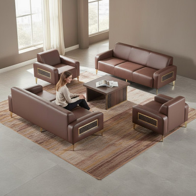 Arbeitszimmer-Set 4tlg 3-Sitzer 2x Sessel Couchtisch Braun Wohnzimmer