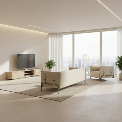 Arbeitszimmer-Set 2tlg 3-Sitzer Sessel Beige Einfarbig Kissen Wohnzimmer