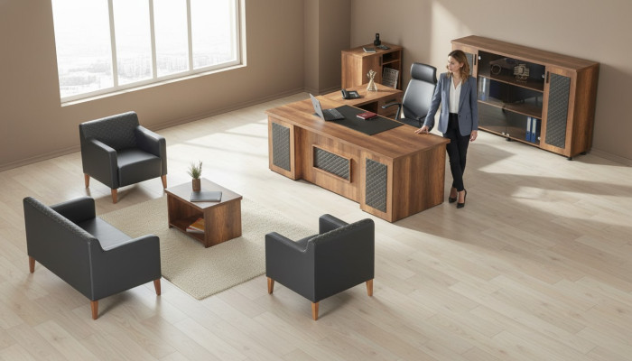 Schwarz-Braune Arbeitszimmer Garnitur Schreibtisch Sideboard Sofa Sessel