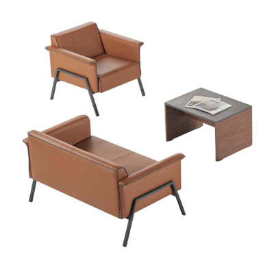 Braune Bürogarnitur Designer Holz Tisch Einzelsitzer Zweisitzer Möbel