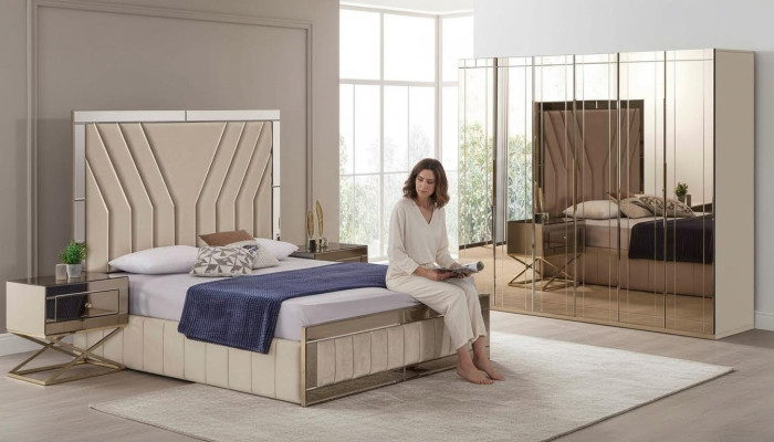 Komplettes Beiges Schlafzimmer Set Designer Bett Nachttische Schrank 4tlg