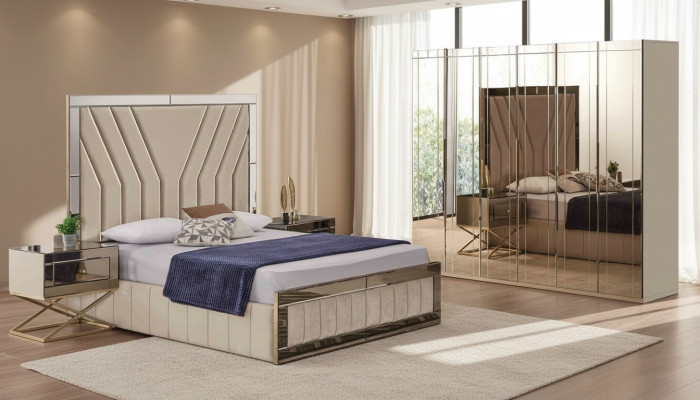 Komplettes Beiges Schlafzimmer Set Designer Bett Nachttische Schrank 4tlg